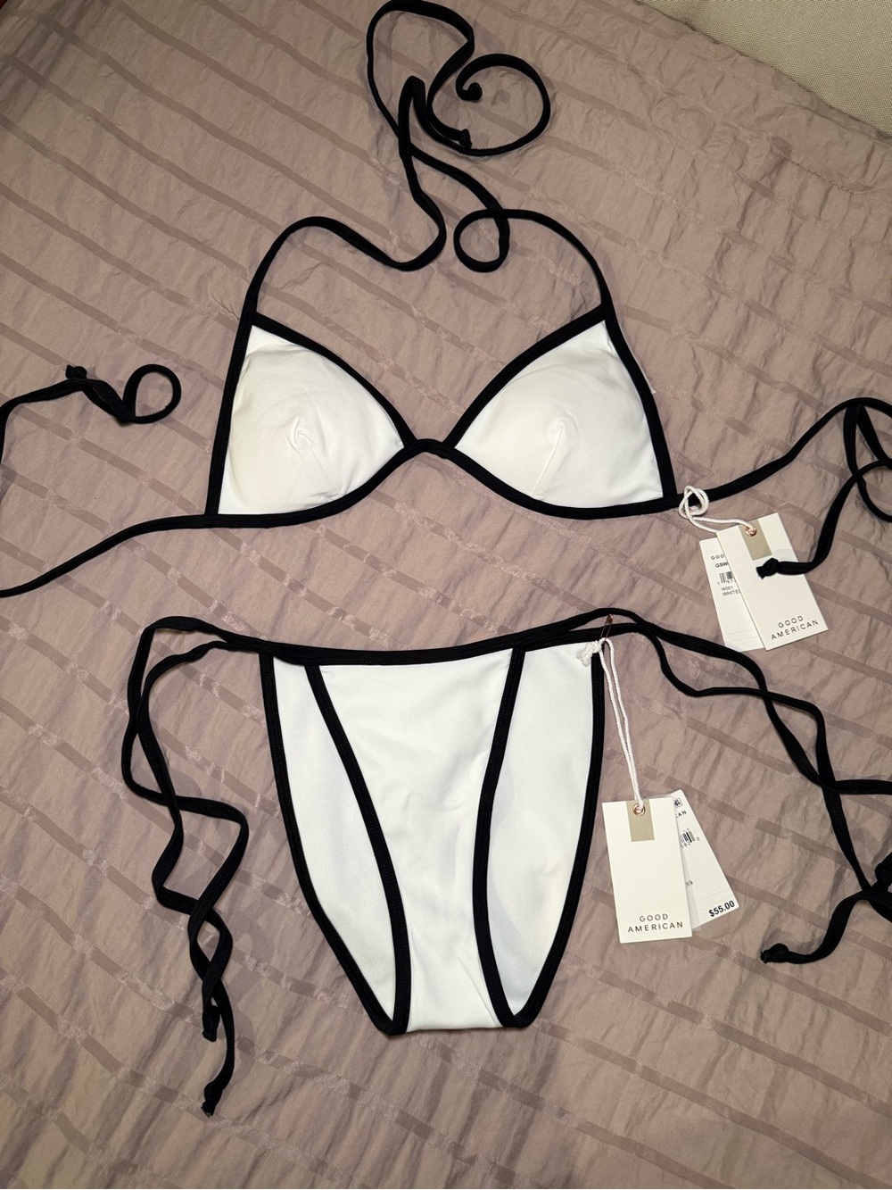 Good American White and Black Trim Triangle Bikini Set